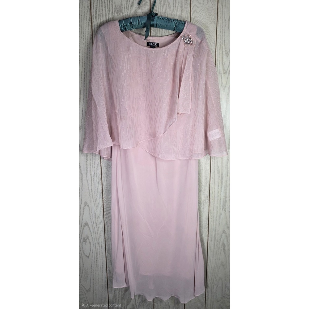 SLNY Blush Pink Chiffon Capelet Sheath Dress Size 8 Rhinestone Brooch Midi